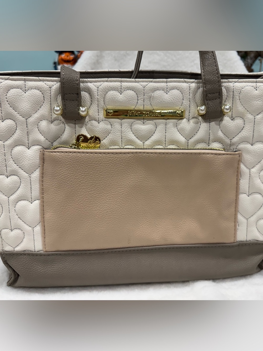Betsey Johnson Women's Quilted Heart Tote with Beige Pocket and Gray Trim